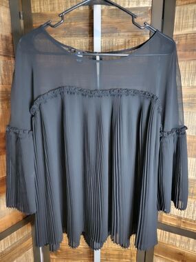 INC International Concepts Black Pleated Sheer Panel Blouse